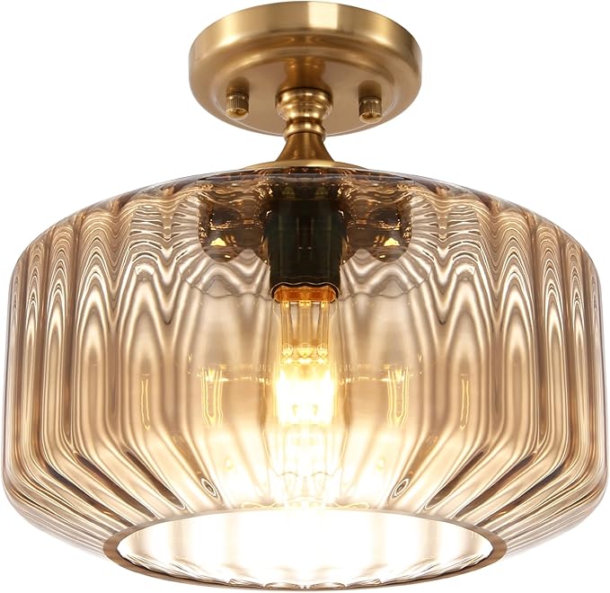 Mid Century Modern Flush Mount Light with Amber Striped Hand-Blown Glass Shade, 11.02" Gold Ceiling Fixture Farmhouse Close-to-Ceiling Lighting for Kitchen Dining Room Hallway