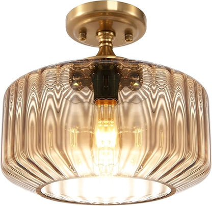 Mid Century Modern Flush Mount Light with Amber Striped Hand-Blown Glass Shade, 11.02" Gold Ceiling Fixture Farmhouse Close-to-Ceiling Lighting for Kitchen Dining Room Hallway