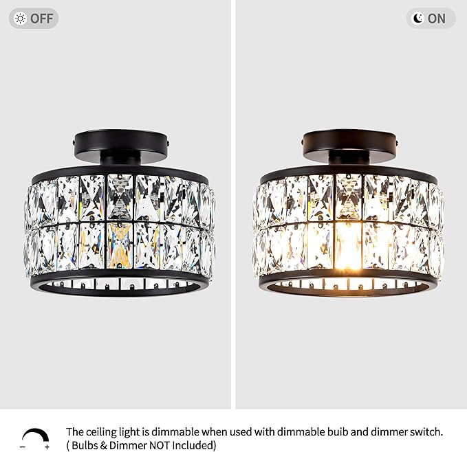 Rpzloila Crystal Ceiling Light Fixture, Modern Semi Flush Mount Ceiling Light,Crystal Chandelier for Kitchen Bedroom Bathroom Entryway, Black Finish