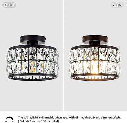 Rpzloila Crystal Ceiling Light Fixture, Modern Semi Flush Mount Ceiling Light,Crystal Chandelier for Kitchen Bedroom Bathroom Entryway, Black Finish