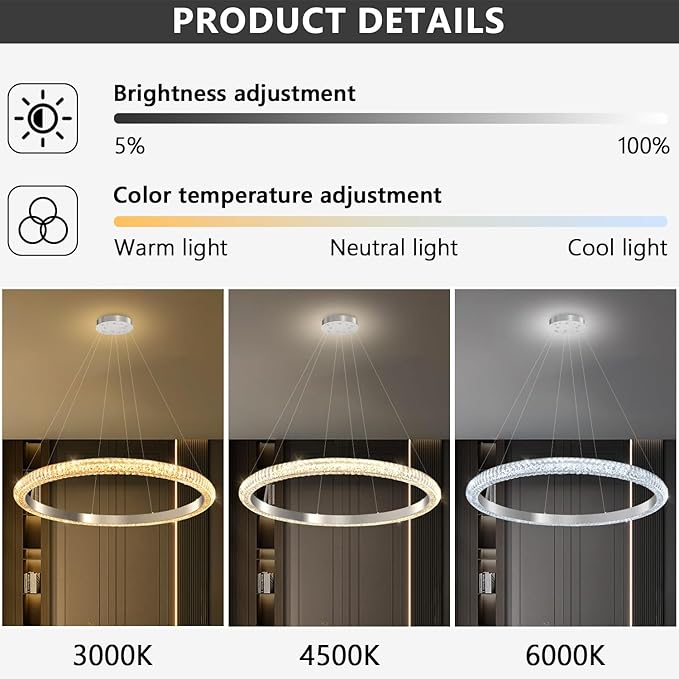 40" 1 Ring Crystal Chandelier Modern LED Dimmable Ring Pendant Light Chandelier for Dining Room Living Room Silver