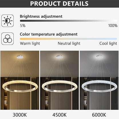 40" 1 Ring Crystal Chandelier Modern LED Dimmable Ring Pendant Light Chandelier for Dining Room Living Room Silver