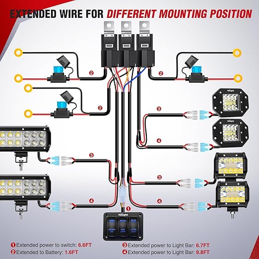 Nilight 16AWG LED Light Bar Wiring Harness Kit 12V On/Off 3 Gang Laser Etched LED Pod Lights Rocker Switch Panel Power Relay Fuse 5Pin Toggle Switch for Cars Boat ATV Trucks-4 Leads, 2 Years Warranty