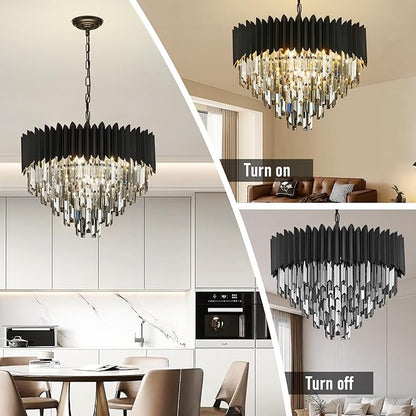 Black Crystal Chandelier 24'' K9 Smoke Gray Crystal Round Pendant Lights Adjustable 5-Tier Modern Chandelier Light 10-Lights for Dining Room Living Room Kitchen Foyer Entryway
