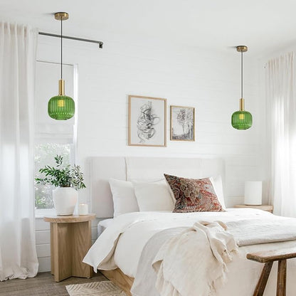 BOKT Mid Century Green Glass Pendant Lights 2-Light Mini Globe Ceiling Pendant Light Ribbed Glass Pendant Light Gold Finish Hanging Light Fixture for Kitchen Island Foyer