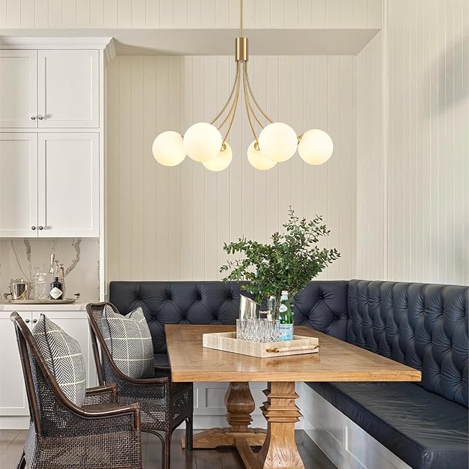 31.5" Modern Mid-Century Gold Sputnik Chandelier - 6-Light Adjustable Hanging Fixture with Milk White Glass Shades for Dining Room, Kitchen Island, Living Room, Bedroom, Foyer Lighting