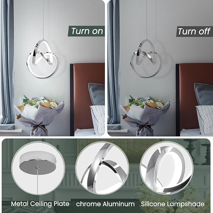 3000~6000K Modern Pendant Light Fixtures, LED Pendant Lights Kitchen Island Lighting Adjustable Height Chrome Hanging Lights for Dining Room Kitchen Bedroom, 1Pack