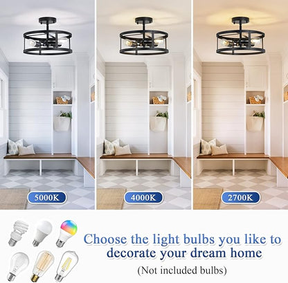 3-Light Semi Flush Mount Ceiling Light, Farmhouse Black Metal Cage Fixture, Industrial Lighting for Kitchen Foyer Hallway Entryway 2 Pack