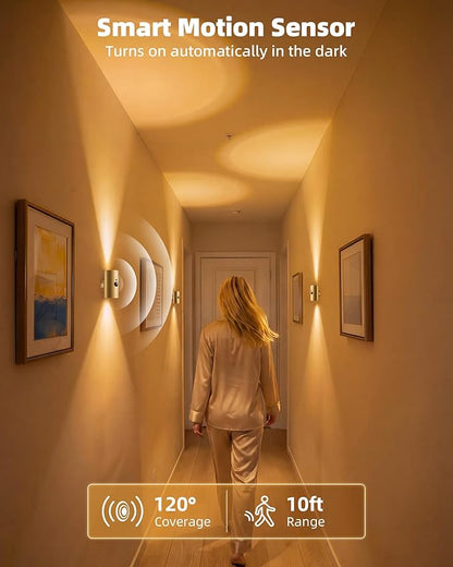 EZVALO Motion Sensor Wall Sconces with Remote, Rechargeable Battery Operated 4000mAh Wall Lights, 3 Color Temperatures & 12 RGB, Wireless LED Lighting for Hallway, Living Room (Brass Gold, 2 Pack)