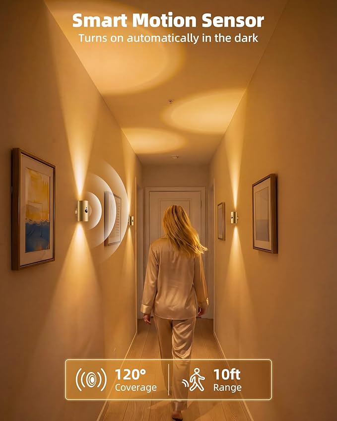 EZVALO Motion Sensor Wall Sconce with Remote, Battery Operated 4000mAh Rechargeable Wall Light, 3 Color Temperatures & 12 RGB, Up & Down LED Lighting for Hallway, Stairway (Brass Gold, 1 Pack)