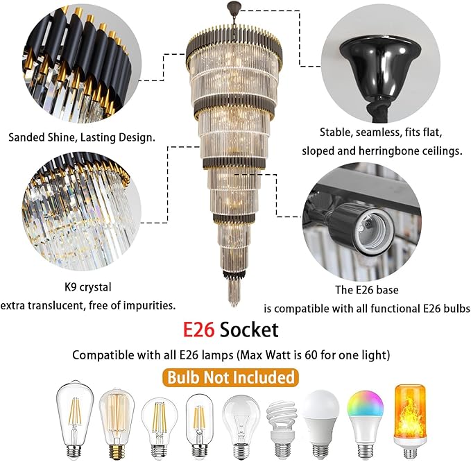 Extra Large Staircase Chandeliers 9-Tier Black and Gold Chandelier Luxury Long Crystal Chandelier Lighting for High Ceiling Foyer Entryway Grand Hotel Lobby 31-Light H84 x W40
