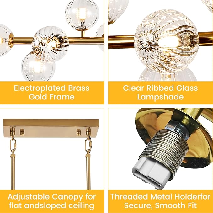 Gold Globe Chandelier Linear Rectangle Modern Chandelier Glass Pendant Light Fixture Adjustable for Dining Living Room Kitchen Island 55"