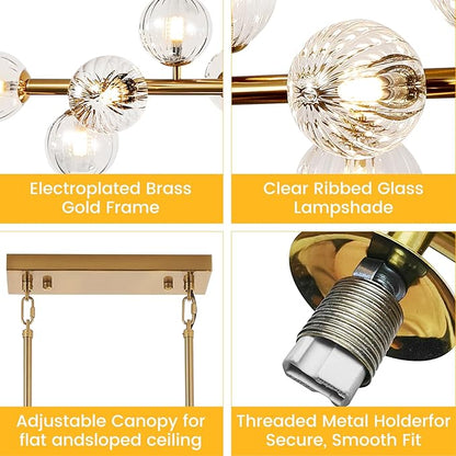 Gold Globe Chandelier Linear Rectangle Modern Chandelier Glass Pendant Light Fixture Adjustable for Dining Living Room Kitchen Island 55"