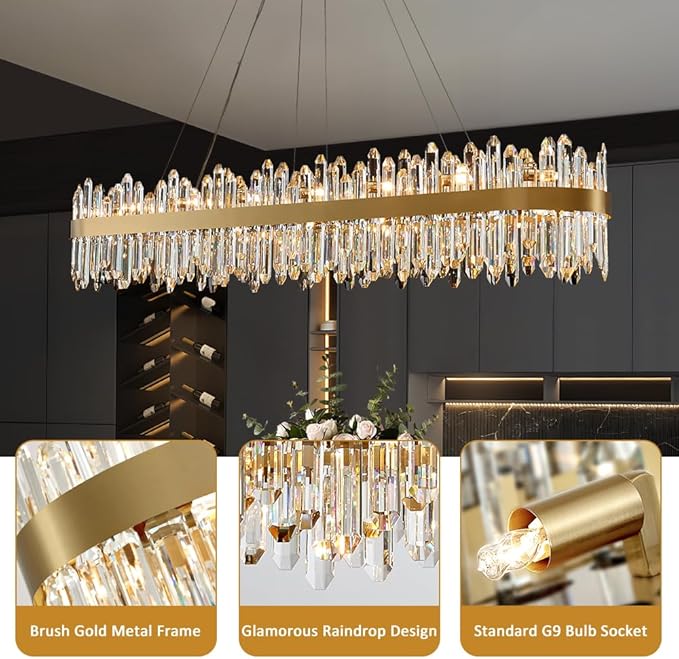 Gold Oval Crystal Chandelier L57 inch, 32-Lights Gold Chandeliers Modern Crystal Chandelier Pendant Light Fixture G9 Lights Pendant Ceiling Light for Dining Living Room Kitchen Island