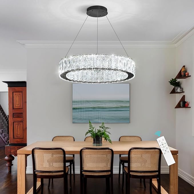 Modern Crystal Chandelier 15W LED Dimmable Lighting Fixture Adjustable Round Pendant Light for Dining Room Living Room Kitchen Bedroom Black