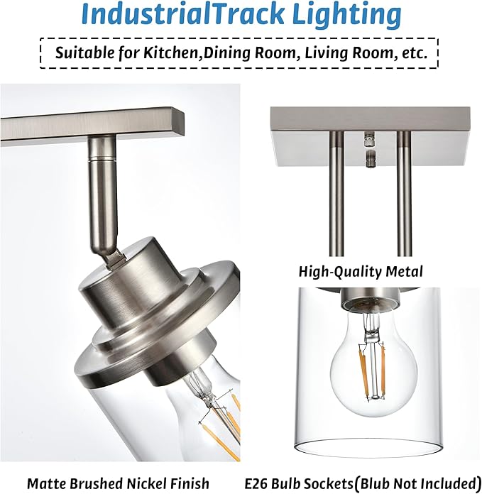 Track Lighting Fixtures 3 Light Directional Ceiling Lights with Adjustable Track Heads, Brushed Nickel Bathroom Vanity Light with Clear Glass Shade