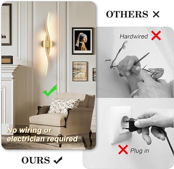 KARTOOSH Battery Operated Wall Sconces Set of Two with Remote Control, Dimmable/3 Colors/Night-Light/Timer/Memory, Gold Modern Wireless LED Sconce for Living Room, Hallway, Bedroom, 39.3 Inch (2 Pack)