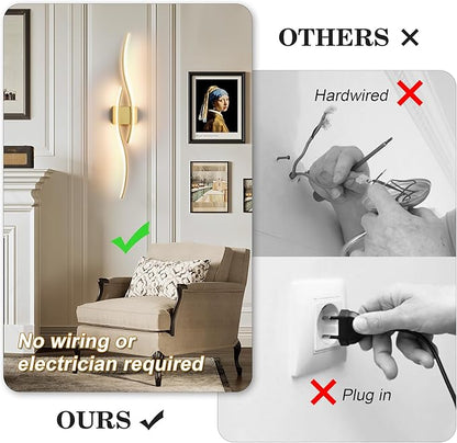 KARTOOSH Battery Operated Wall Sconces with Remote Control, Dimmable/3 Colors/Night-Light/Timer/Memory, Gold Modern Wireless LED Sconce for Living Room, Hallway, Bedroom, 39.3 Inch (1 Pack)