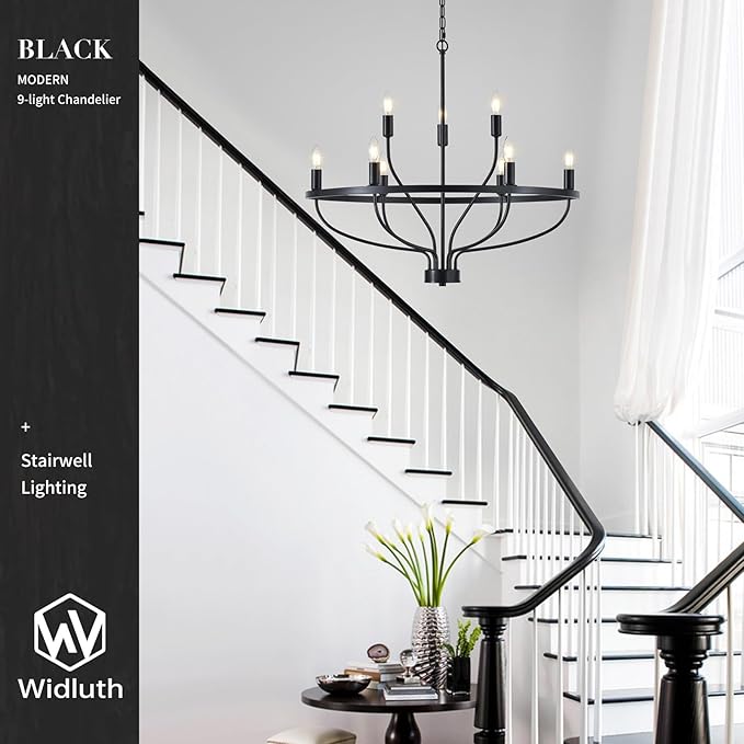 Industrial 30" Black Chandelier Vintage 9-Lights Farmhouse Candle Style Black Chandeliers Light Fixture Retro Modern Black Chandelier for Dining Room, Kitchen Island, Living Room, Bedroom, E12