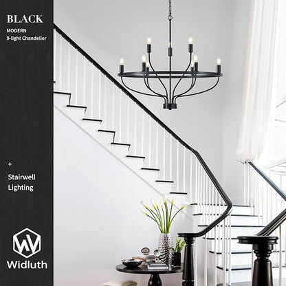 Industrial 30" Black Chandelier Vintage 9-Lights Farmhouse Candle Style Black Chandeliers Light Fixture Retro Modern Black Chandelier for Dining Room, Kitchen Island, Living Room, Bedroom, E12