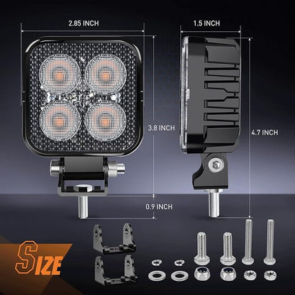 Nilight 2PCS 3 Inch 15W Amber LED Pods Square Built-in EMC Work Flood Beam for Offroad Lighting Side Light Rear Back-Up Light for Tractor Truck Motorcycle Boat ATV UTV