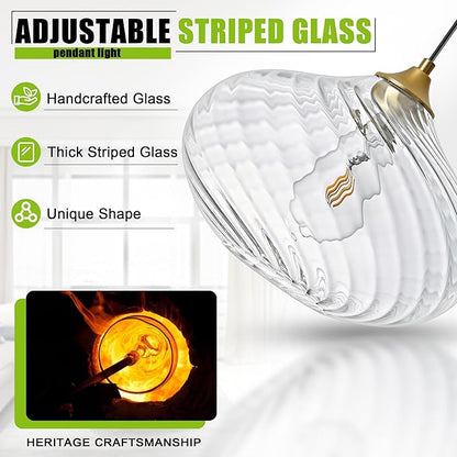 Glass Pendant Lights Kitchen Island, 11'' Brass Gold Pendant Lighting Fixtures, Modern Hanging Ceiling Light with Striped Clear Glass Shade for Farmhouse Dining Room Bedroom Hallway(1 Pack)