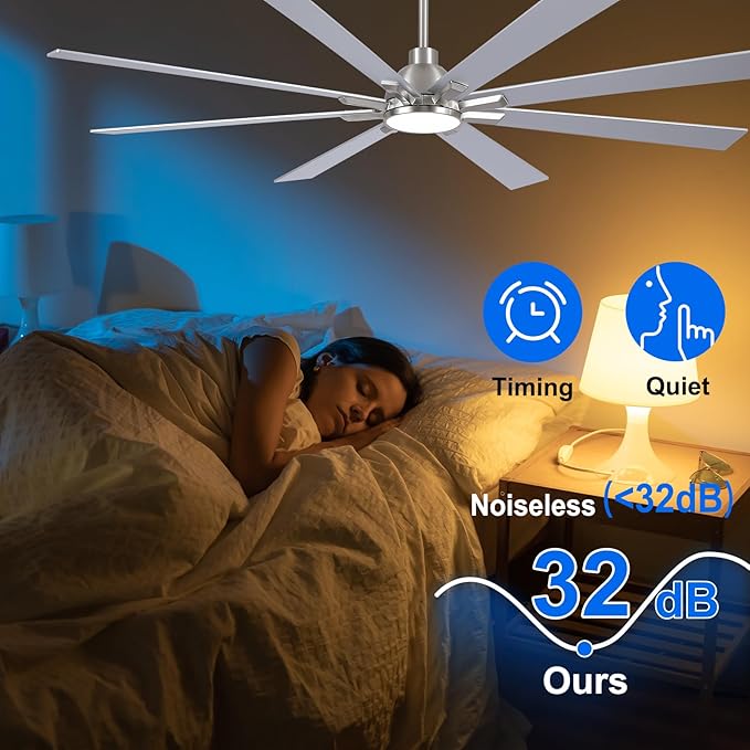 72 Inch Ceiling Fans with Lights and Remote, Nickel Large Ceiling Fan for Bedroom Living Room Indoor/Outdoor, 6 Speed Reversible DC Motor, 3CCT, Downrod, Dual Color 8 Blades, ETL Listed