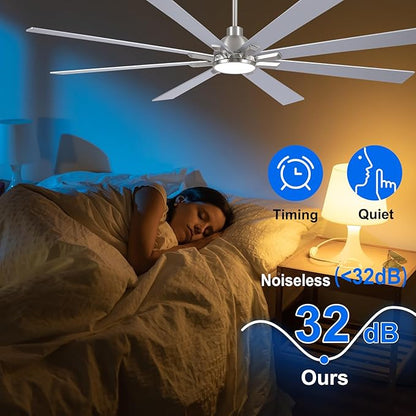 72 Inch Ceiling Fans with Lights and Remote, Nickel Large Ceiling Fan for Bedroom Living Room Indoor/Outdoor, 6 Speed Reversible DC Motor, 3CCT, Downrod, Dual Color 8 Blades, ETL Listed