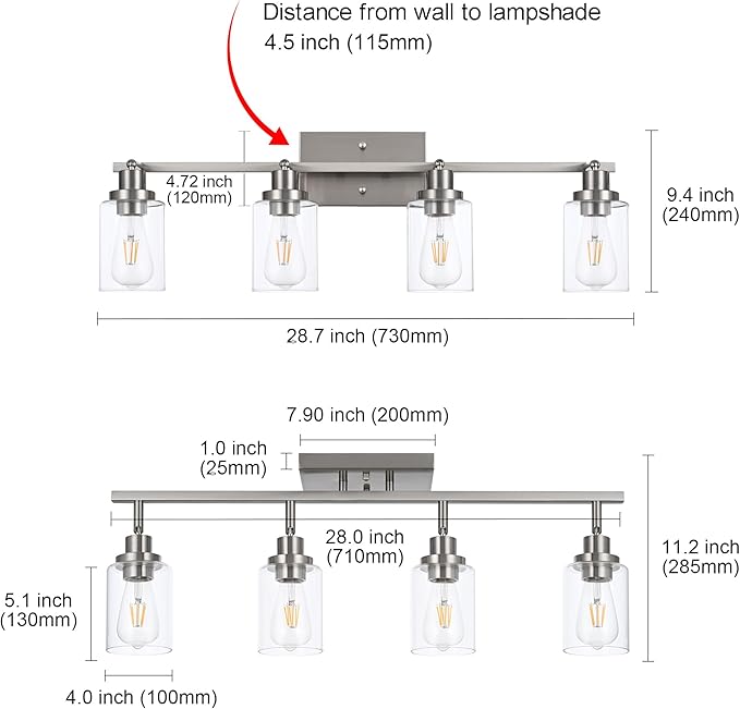 MELUCEE 4 Light Track Lighting Kit 28.7 Inch Bathroom Vanity Light Fixtures Brushed Nickel Ceiling Spotlight Fixture for Hallway Porch Foyer Bath Storage, Clear Glass Shade