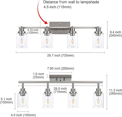 MELUCEE 4 Light Track Lighting Kit 28.7 Inch Bathroom Vanity Light Fixtures Brushed Nickel Ceiling Spotlight Fixture for Hallway Porch Foyer Bath Storage, Clear Glass Shade