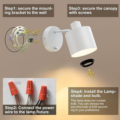 LIGHTESS Wall Sconces Set of Two with Switch, Dimmable Indoor Hardwired Wall Sconce, Industrial Wall Lights for Bedroom, Living Room, Bathroom, Hallway, Kitchen (Not Included Bulb)