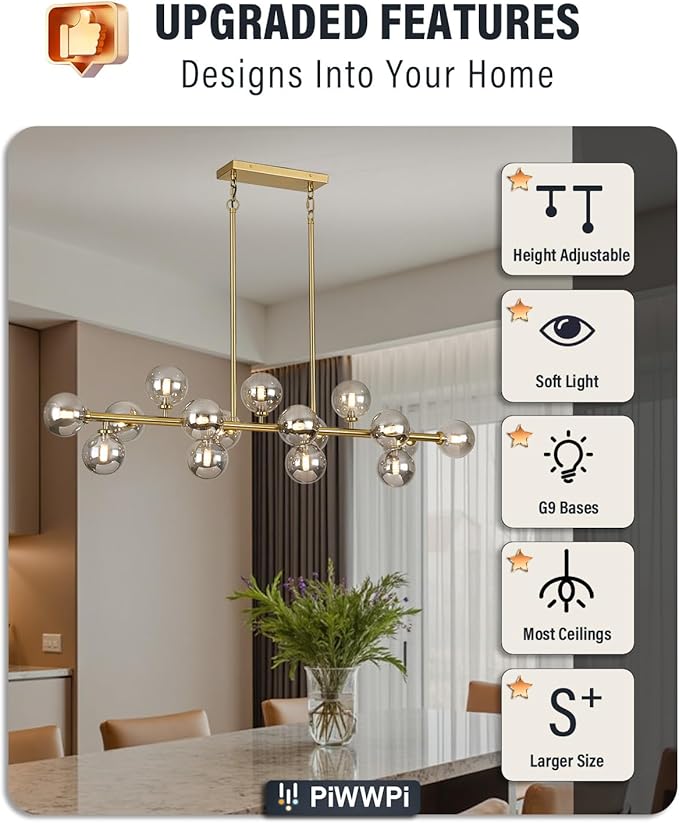 55" Long Brass Gold Chandeliers for Dining Room Kitchen Island, Large Globe Sputnik Linear Chandelier, 16 Lights Mid Century Modern Light Fixture Over Table, Smoke Grey Bubble, GC-08
