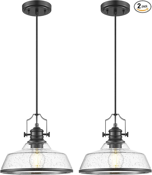 kudos 2 Pack Pendant Lights Kitchen Island, 11" Black Kitchen Island Lighting with Seeded Glass Shade, Farmhouse Large Hanging Light Fixture for Kitchen Sink Dining Room, KDPL13-BK-S-2PK