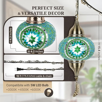 Turkish Moroccan Mosaic Pendant Light - Handcrafted Tiffany Style Swag Lamp with 15ft Cord, Vintage Glass Ceiling Fixture for Mediterranean Decor (Green1)
