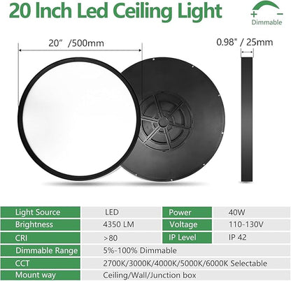 20 Inch Dimmable LED Flush Mount Ceiling Light,40W,4350LM, 2700K/3000K/4000K/5000K/6000K CCT Selectable,Round Flat Panel Light Low Profile Ceiling Light Fitures for Hallway/Kitchen/Bedroom