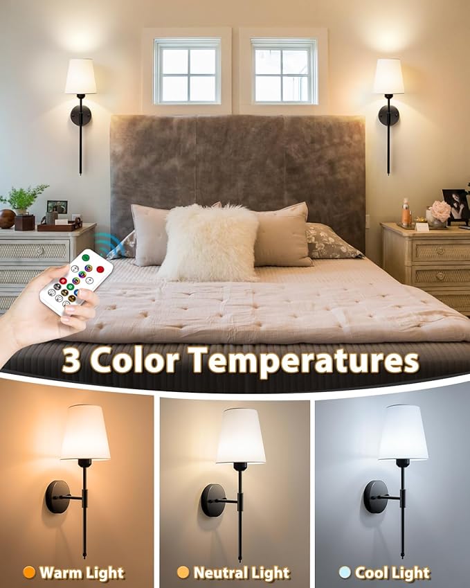 Adetu Wall Sconces Set of Two, Battery Operated Wall Sconce with 10000mAh RGB Dimmable Magnetic Bulbs and Remote, Rechargeable Wall Lights for Bedroom Living Room Hallway Decor