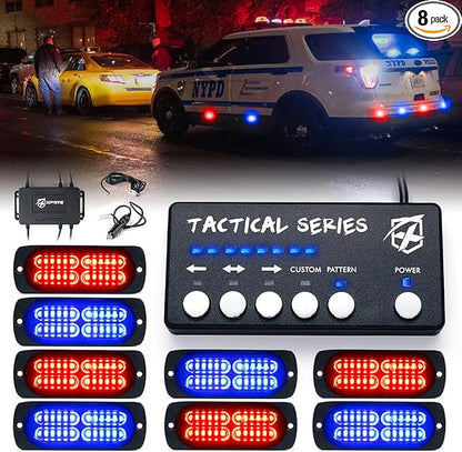 Xprite 24 LED Surface Mount Strobe Lights Kit with Control Panel, Grill Grille Side Marker Flashing Emergency Warning Police Light Assembly for Trucks Vehicles ATV UTV RV Cars Van Red Blue, 8PCS