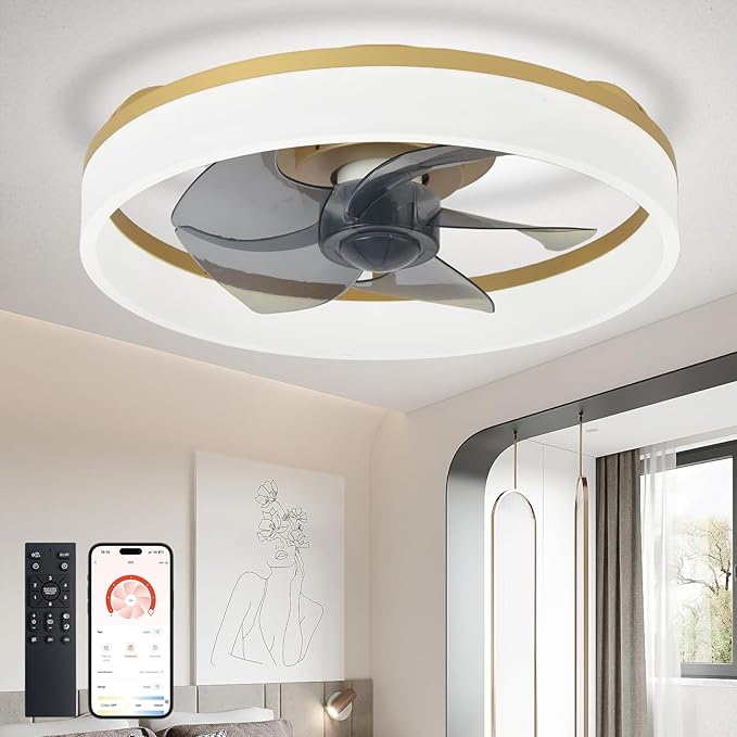 DLLT LED Ceiling Fan with Light: 16" Modern Low Profile Flush Mount Fandelier with App & Remote Control - Dimmable Gold Bladeless Fan Light Fixture for Bedroom Kids Room Living Room