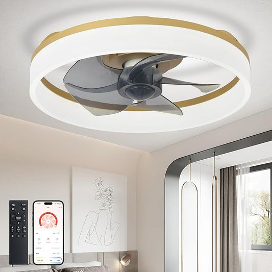 DLLT LED Ceiling Fan with Light: 16" Modern Low Profile Flush Mount Fandelier with App & Remote Control - Dimmable Gold Bladeless Fan Light Fixture for Bedroom Kids Room Living Room