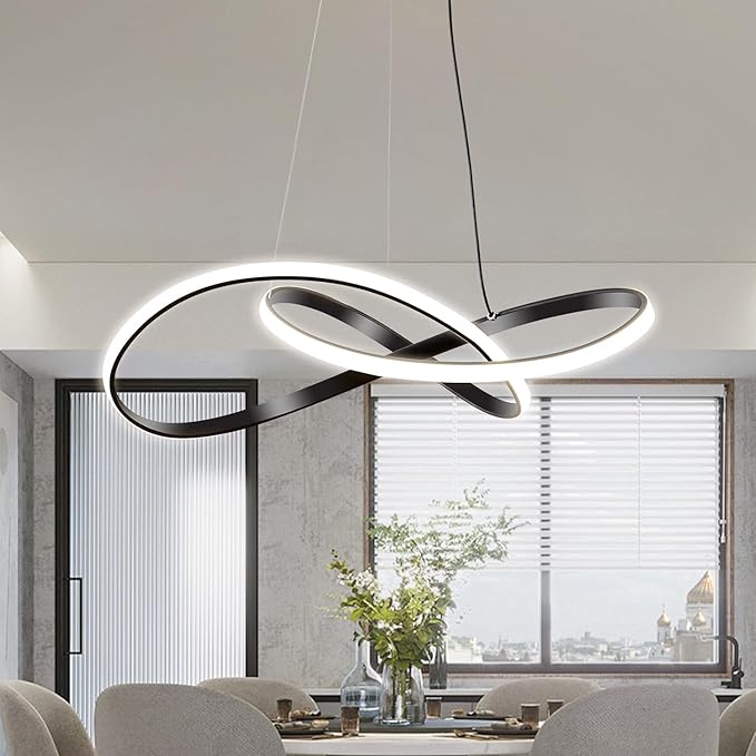 Modern LED Pendant Light Fixture，Black Contemporary Ceiling Hanging Fixture with Irregular Ring Lights for Dining Living Room Bedroom Kitchen Island Cafe（4000K，Neutral Light ）