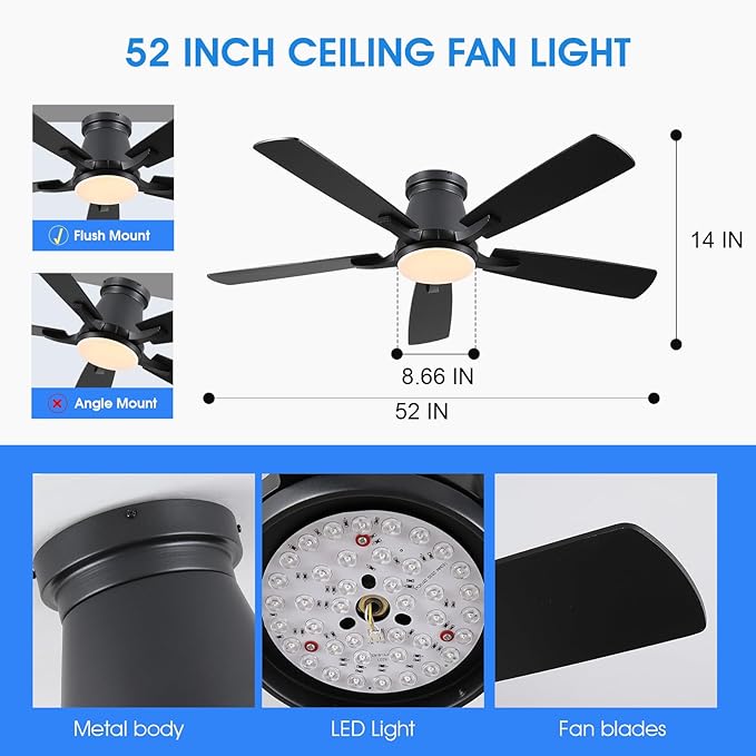 Surtime 52" Ceiling Fans with Lights-Low Profile Ceiling Fan with Light and Remote/APP Control,Flush Mount,DC Reversible,LED Dimmable Black Ceiling Fans for Bedroom,Indoor/Outdoor Patio Use