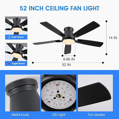 Surtime 52" Ceiling Fans with Lights-Low Profile Ceiling Fan with Light and Remote/APP Control,Flush Mount,DC Reversible,LED Dimmable Black Ceiling Fans for Bedroom,Indoor/Outdoor Patio Use