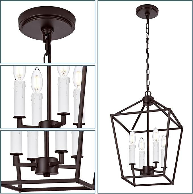 MELUCEE 4-Light Farmhouse Cage Pendant Light in Oil Rubbed Bronze Vintage Chandelier Lantern Hanging Light Fixtures Ceiling with White Candle-Shaped Socket for Kitchen Island, Dining Room, Foyer