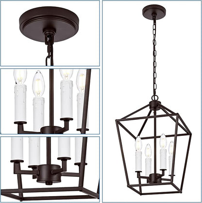 MELUCEE 4-Light Farmhouse Cage Pendant Light in Oil Rubbed Bronze Vintage Chandelier Lantern Hanging Light Fixtures Ceiling with White Candle-Shaped Socket for Kitchen Island, Dining Room, Foyer