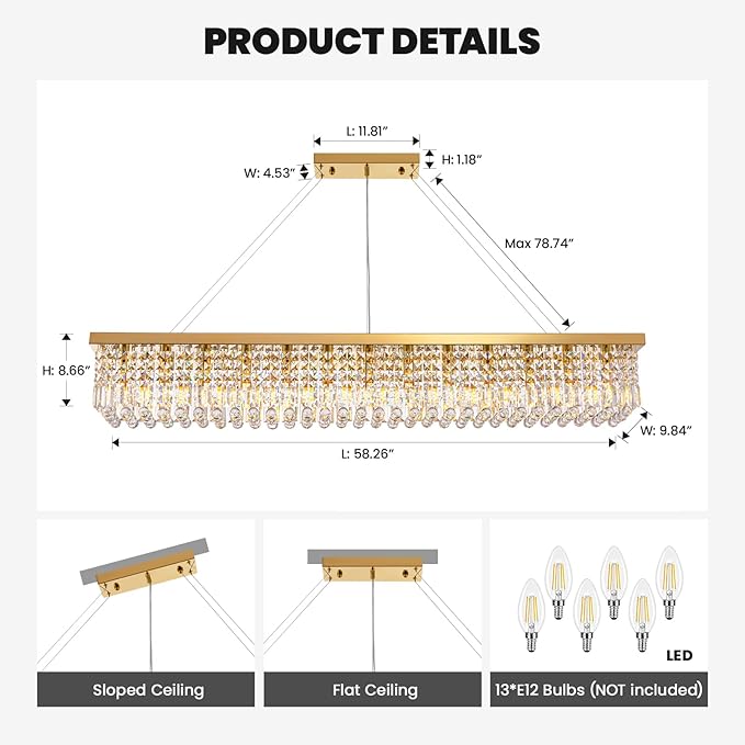 7PM Rectangle K9 Crystal Chandelier Modern Gold Crystal Chandelier Rectangular Pendant Lighting Fixture for Dining Room Kitchen Island Bedroom L59'' x W10'' x H9''