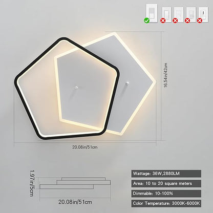 Shine LUEST Modern LED Ceiling Light Fixture Dimmable Black Flush Mount Ceiling Light 20.08" Bedroom Ceiling Lamp with Remote Control Pentagonal Ceiling Light for Kitchen,Entryway,Balcony,Wardrobe