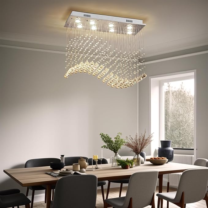 Depuley Modern K9 Crystal Chandelier, 8-Light Rectangle Flush Mount Ceiling Light, Wave Raindrop Crystal Pendant Lighting for Dining Room Kitchen Living Room Bedroom, L31.5'' x W11.8'' x H27.5'