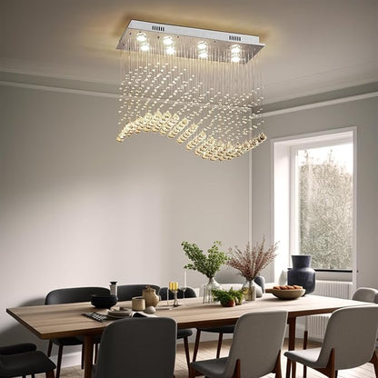 Depuley Modern K9 Crystal Chandelier, 8-Light Rectangle Flush Mount Ceiling Light, Wave Raindrop Crystal Pendant Lighting for Dining Room Kitchen Living Room Bedroom, L31.5'' x W11.8'' x H27.5'