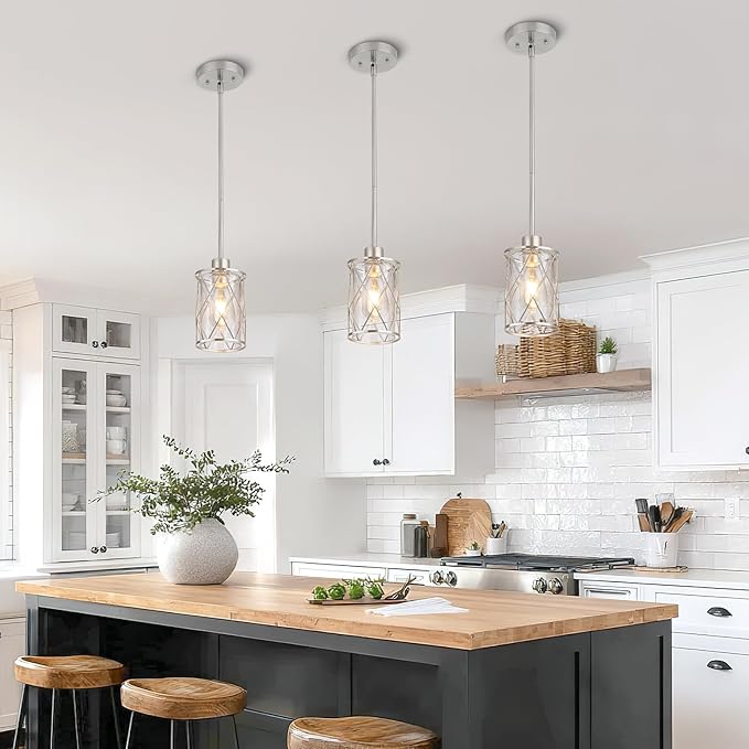 Refice Glass Pendant Lights Kitchen Island, Brushed Nickel Kitchen Hanging Light with Clear Glass, Farmhouse Cage Mini Pendant Lighting for Sink Dining Room Bedroom Bar, 1 Pack