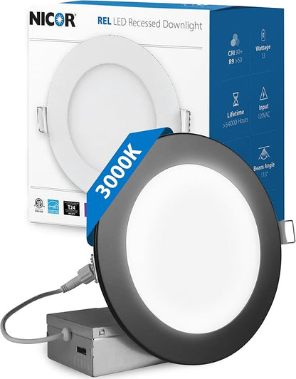 LED Downlight - Ultra-Thin 6 inch LED Recessed Light with Junction Box - 3000K, 902 Lumens, 11.8W, 120V, Dimmable LED Lights - REL6 Edge-Lit LED Ceiling Light, Black by NICOR Lighting